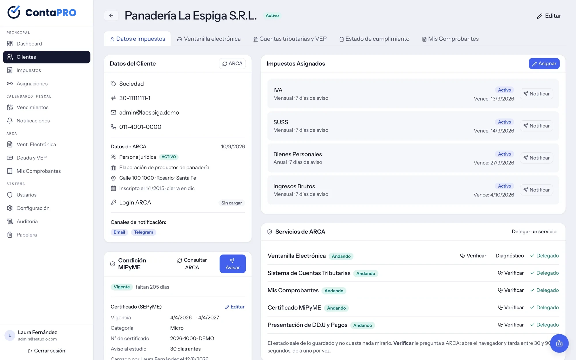 Ficha del cliente con impuestos asignados, condición MiPyME y servicios de ARCA delegados